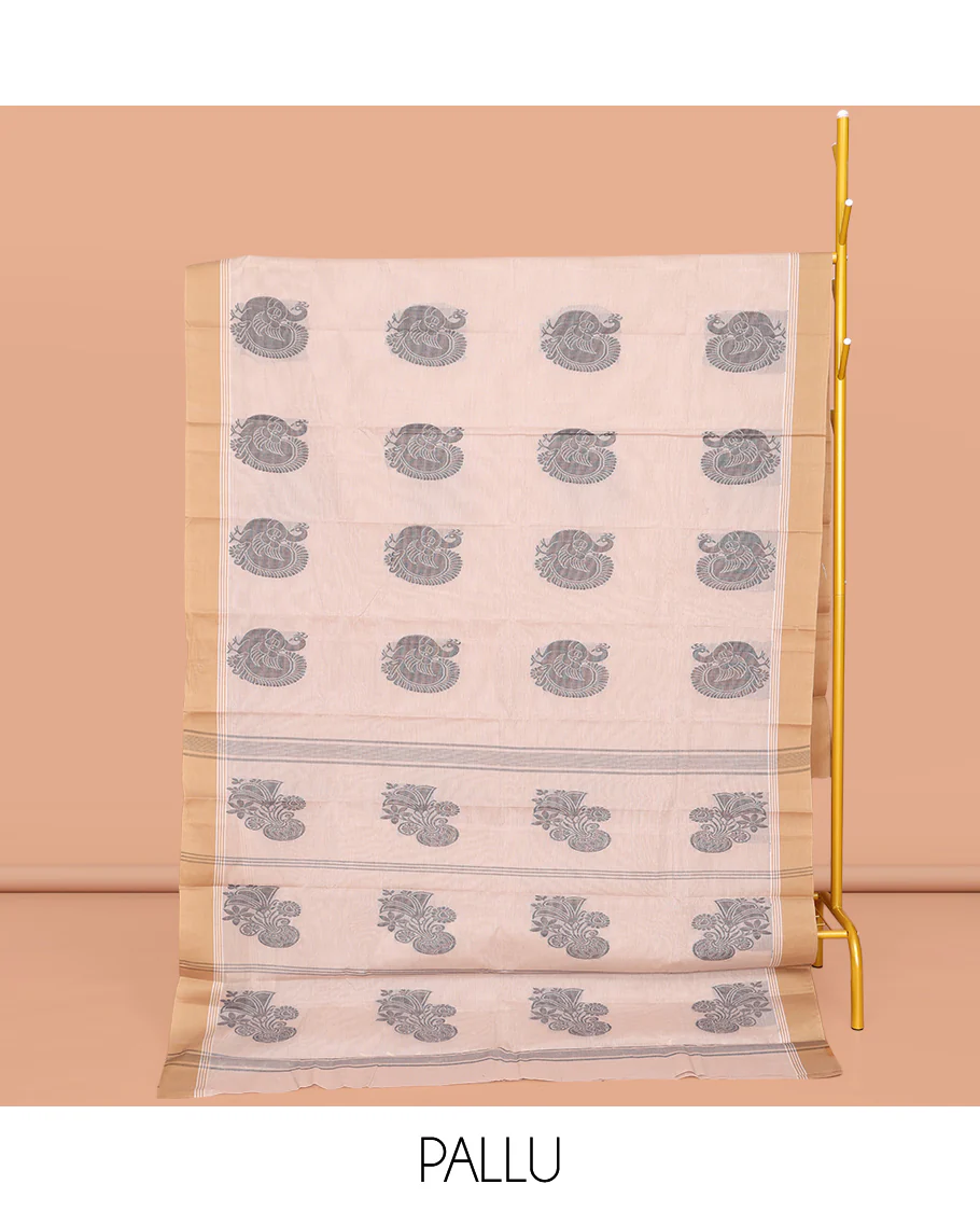 White Kanchi Cotton Saree, Prettified with Peacock Buttas All Over Its Body, Complemented by a Contrast Border, Pallu of Stripes and Buttas, and Paired with a Matching Blouse - Image 2