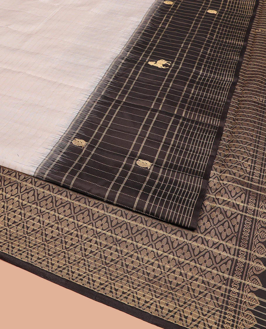 White Kanchipuram Silk Saree Decorated with Stripes All Over Its Body, Complemented by a Contrast Border of Muthu Kattam and Annam Buttas, Pallu of Jaal Design, and Paired with a Contrast Blouse - Image 2
