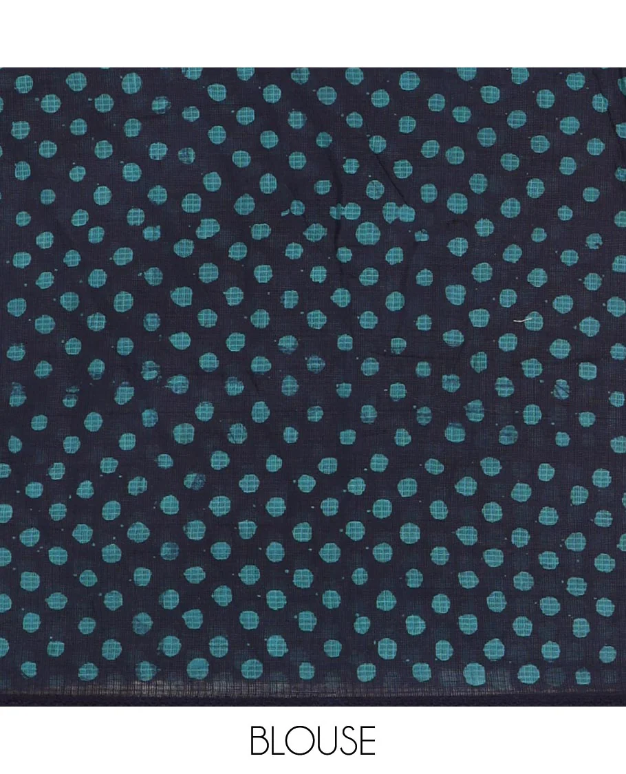 Blue handblock wax batik printed kota check saree, contrast batik print lacework border, batik print pallu & polka dots print blouse - Image 2