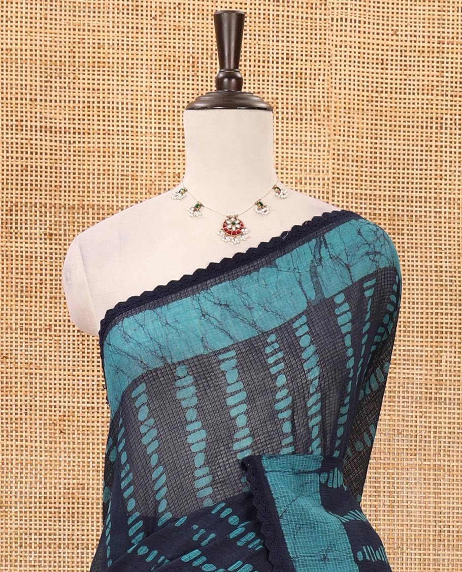 Blue handblock wax batik printed kota check saree, contrast batik print lacework border, batik print pallu & polka dots print blouse - Image 4
