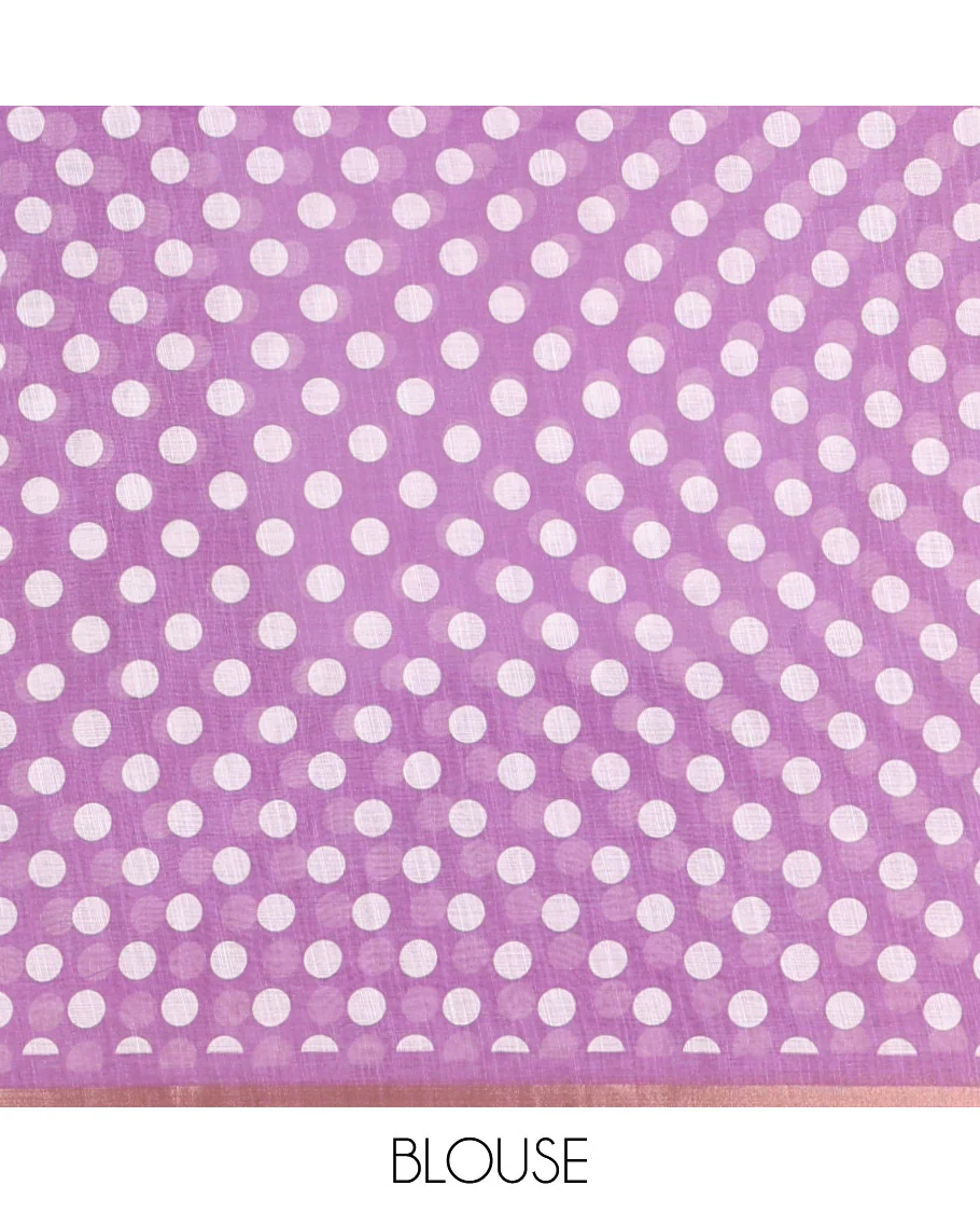 White-Lavender Linen Cotton Saree, Steeped with Polka Dot Enclosed Crane Motifs on Its Body, Subtle Piping Border, Pallu Pictures Polka Dot Enclosed Crane Motifs, and Paired with a Matching Blouse - Image 3