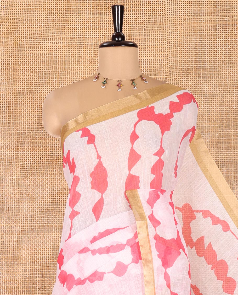 White Linen Cotton Saree, Adorned with Shibori Print On Its Body, Subtle Piping Border, Pallu Steeped with Floral Vine Print, and Paired with a Printed Blouse - Image 2