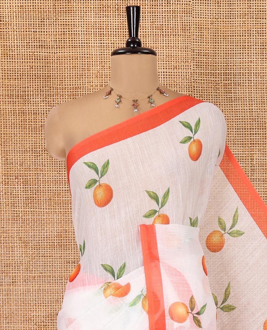 White Linen Cotton Saree, Artfully Printed with Orange Motifs All Over Its Body, Complemented by a Contrast Border, Geometric-Printed Pallu, and Paired with a Contrast Blouse - Image 2