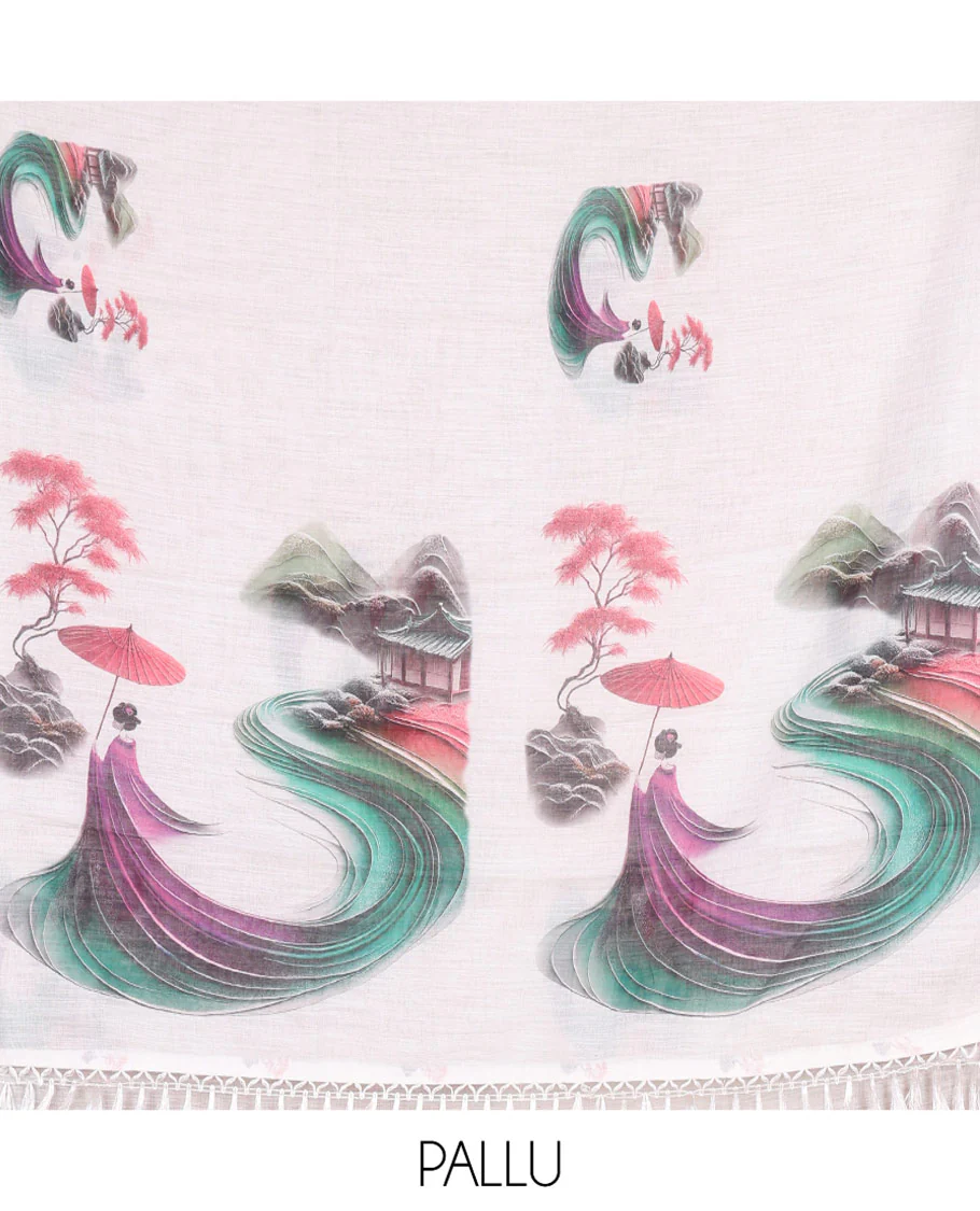 White Linen Cotton Saree Depicting Chinese Women Motifs Printed on Its Body, and Pallu, Subtle Piping Border, and Paired with a Matching Blouse - Image 3