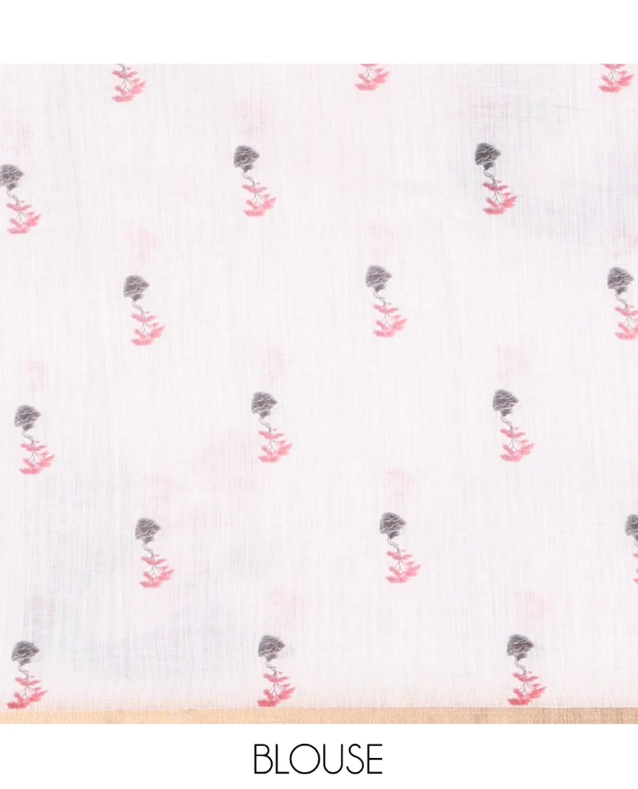White Linen Cotton Saree Depicting Chinese Women Motifs Printed on Its Body, and Pallu, Subtle Piping Border, and Paired with a Matching Blouse - Image 4