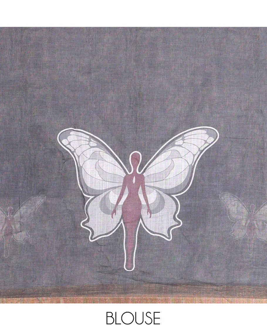 White Linen Cotton Saree, Enthralled with Butterfly Buttas All Over Its Body, Subtle Piping Border, Pallu of Butterfly Print, and Paired with a Contrast Fairy Motifs Printed Blouse - Image 3