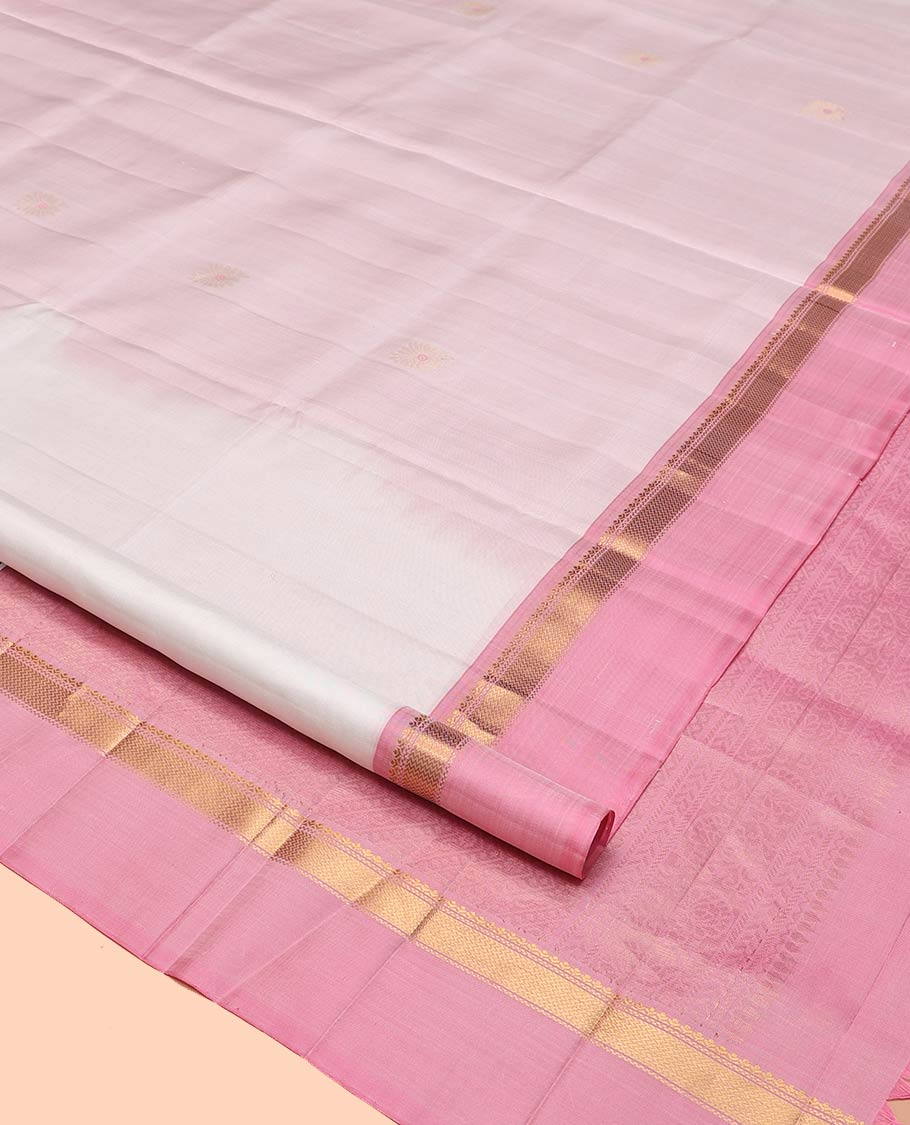 White Mayuri Soft Silk Saree, Simply Sparkled with Buttas All Over Its Body, Complemented by Contrast Kal Eragina Border of Vanki Designs, Sparsely Sparkled Pallu, and Paired with a Contrast Blouse - Image 2
