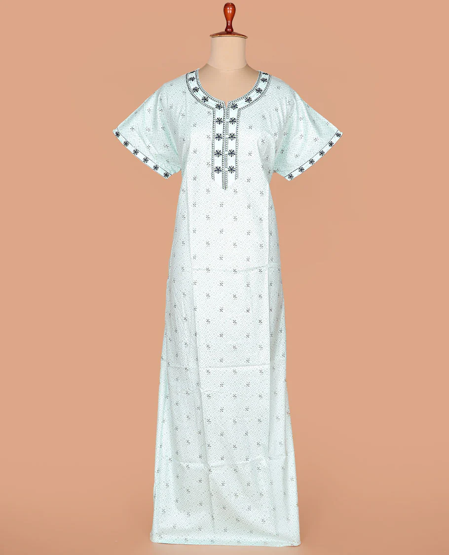 White maze like geometric printed with round neck lace work, half-sleeve nighty - Image 2