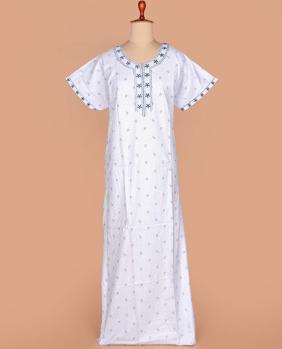 White maze like printed with neck floral embroidered half-sleeve round neck cotton nighty - Image 2