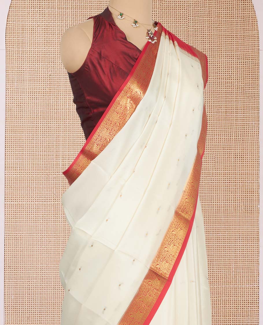 White Mysore Silk Saree, Sparsely Sparkled with Zari Buttas All Over Its Body, Complemented by a Contrast Traditional Zari Design Border, Zari-Buttas Woven Pallu, and Paired with a Contrast Blouse - Image 2