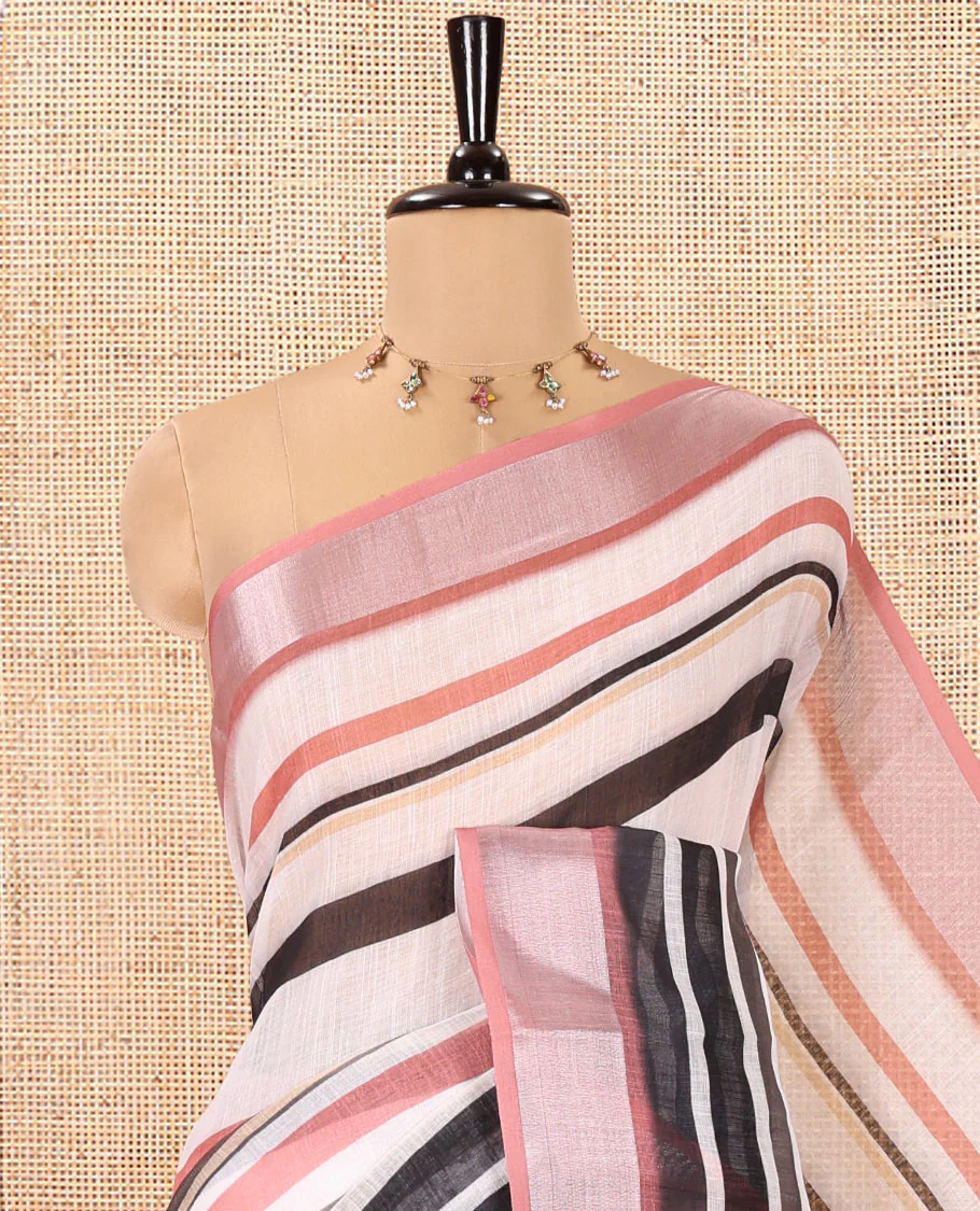 White-Onion Pink Linen Cotton Saree Features Horizontal Stripes on Its Body, Complemented by a Contrast Zari Border, Multi-Color Striped Pallu, and Paired with a Contrast Blouse - Image 2
