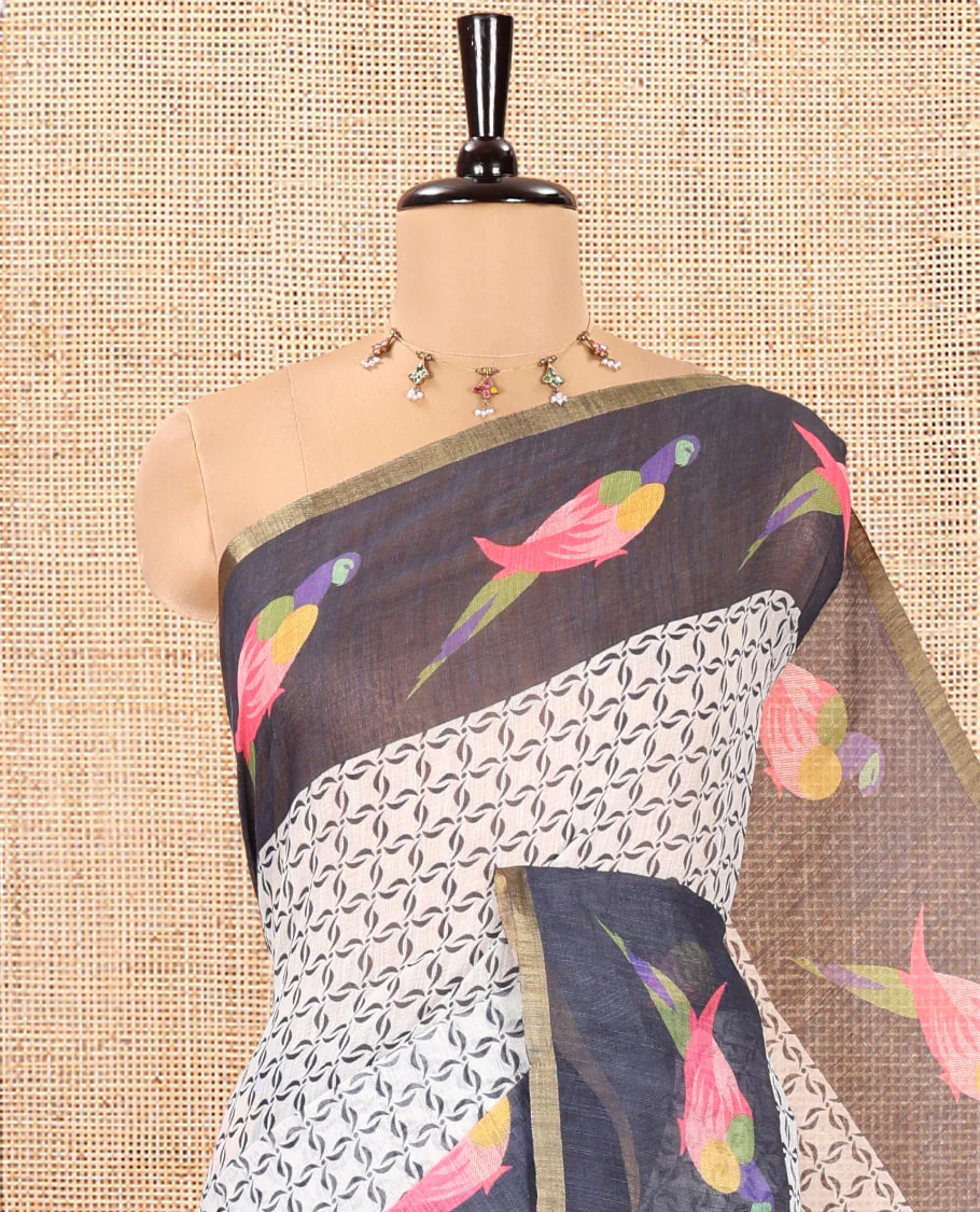White-Onion Pink Linen Cotton Saree Features Horizontal Stripes on Its Body, Complemented by a Contrast Zari Border, Multi-Color Striped Pallu, and Paired with a Contrast Blouse - Image 2