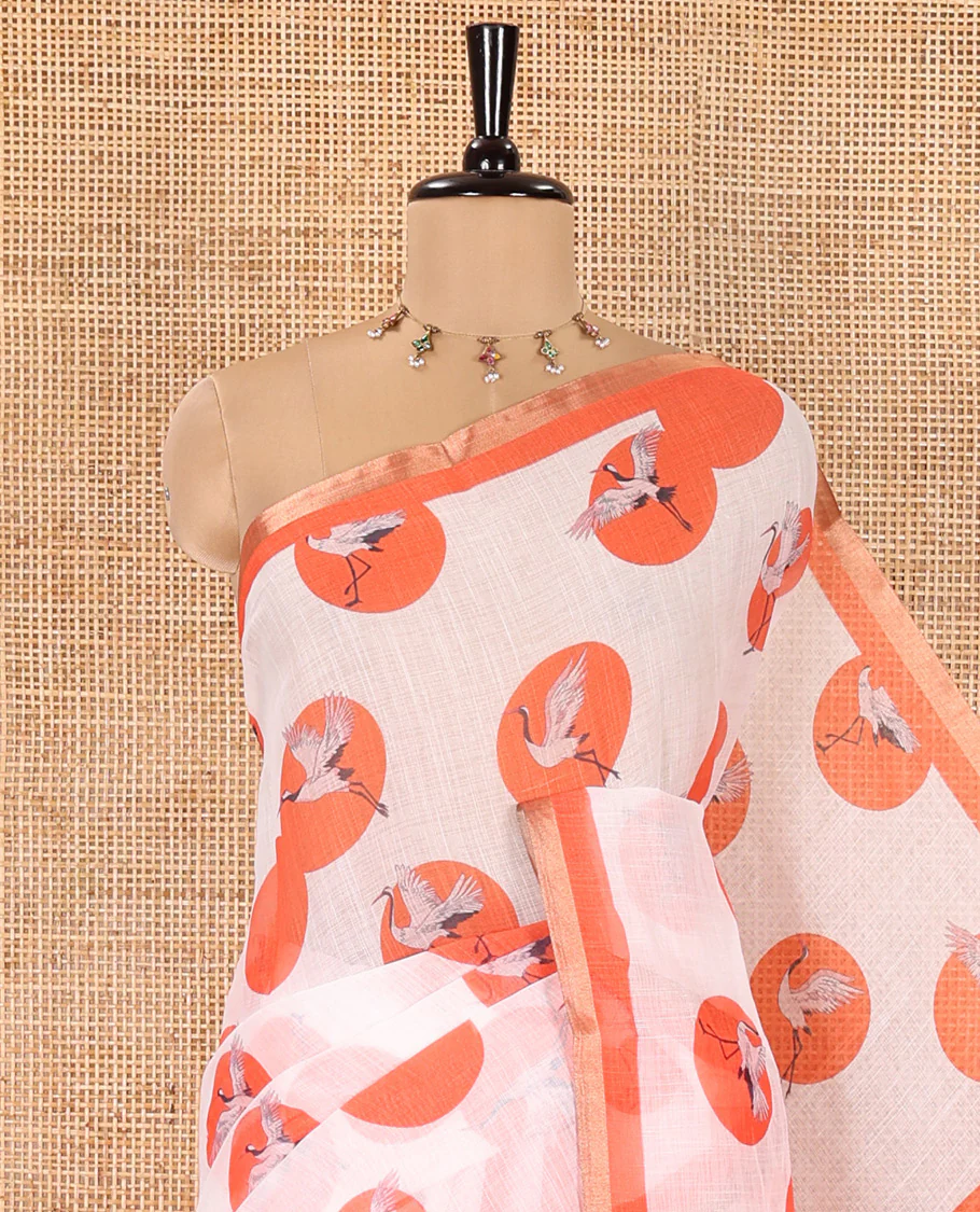 White-Orange Linen Cotton Saree, Steeped with Polka Dot Enclosed Crane Motifs on Its Body, Subtle Piping Border, Pallu Pictures Polka Dot Enclosed Crane Motifs, and Paired with a Matching Blouse - Image 2