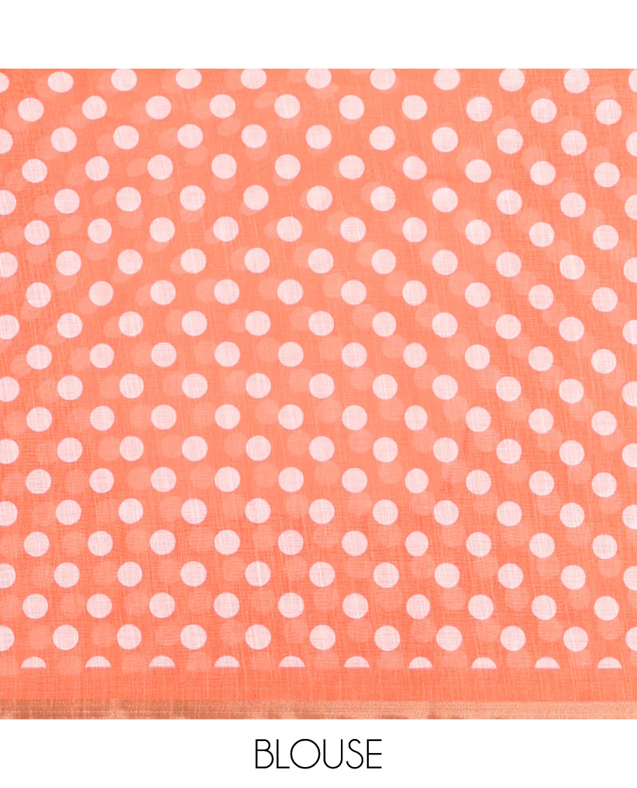 White-Orange Linen Cotton Saree, Steeped with Polka Dot Enclosed Crane Motifs on Its Body, Subtle Piping Border, Pallu Pictures Polka Dot Enclosed Crane Motifs, and Paired with a Matching Blouse - Image 3