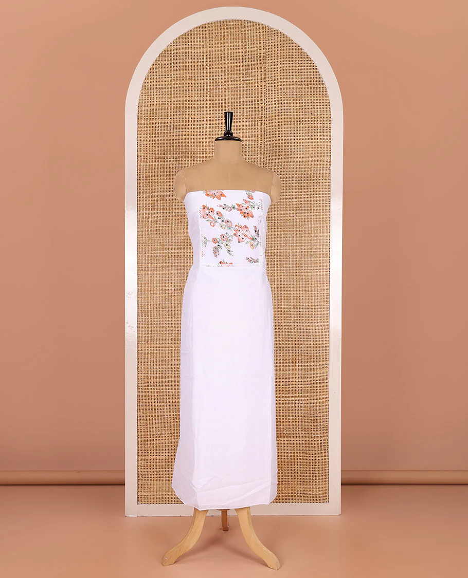 White-orange material chudidar set, floral vine printed with orginal mirror work Vichitra silk top, a matching bottom, and a floral vine printed georgette dupatta - Image 2