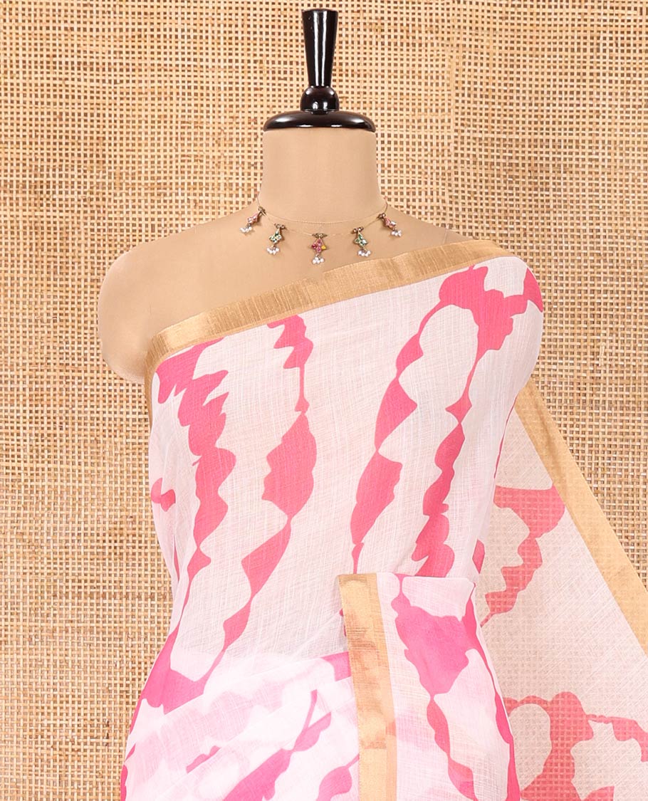 White-Pink Linen Cotton Saree, Bedecked with Shibori-Printed Body, Highlighted by Piping Border, Floral Printed Pallu, and a Contrast Blouse - Image 2