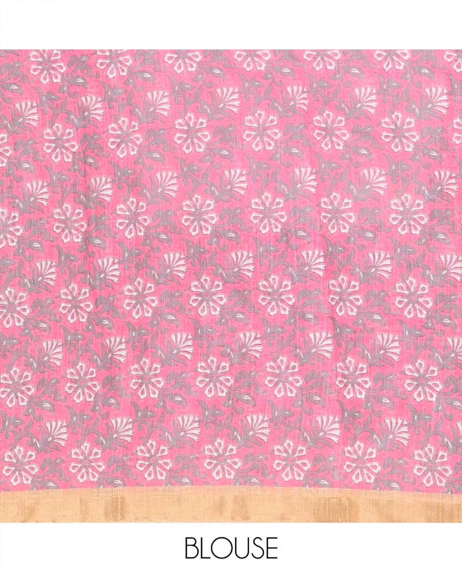 White-Pink Linen Cotton Saree, Bedecked with Shibori-Printed Body, Highlighted by Piping Border, Floral Printed Pallu, and a Contrast Blouse - Image 3