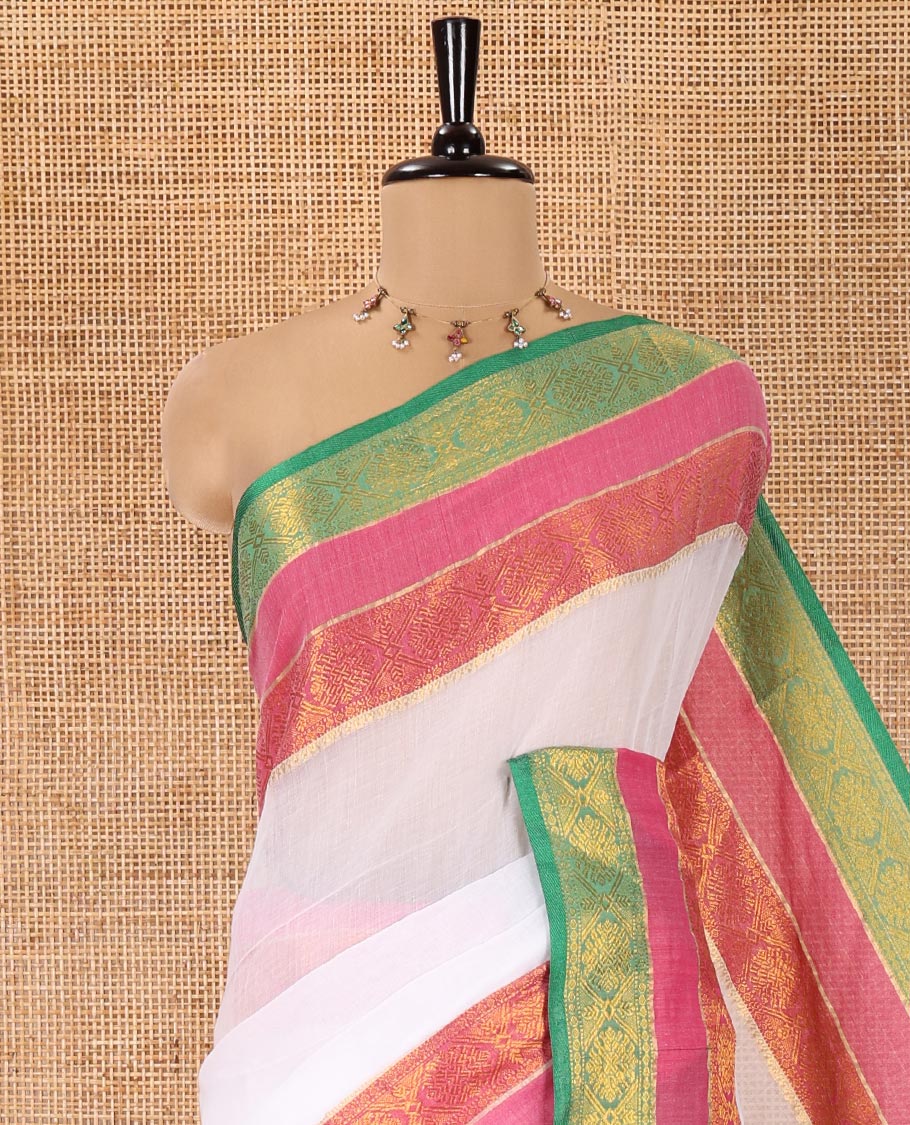 White Plain Khadi Mul Cotton Saree, Complemented by a Contrast Rettai Pettu Traditional Diamond-Patterned Border, Plain Pallu, and Paired with a Matching Blouse - Image 2