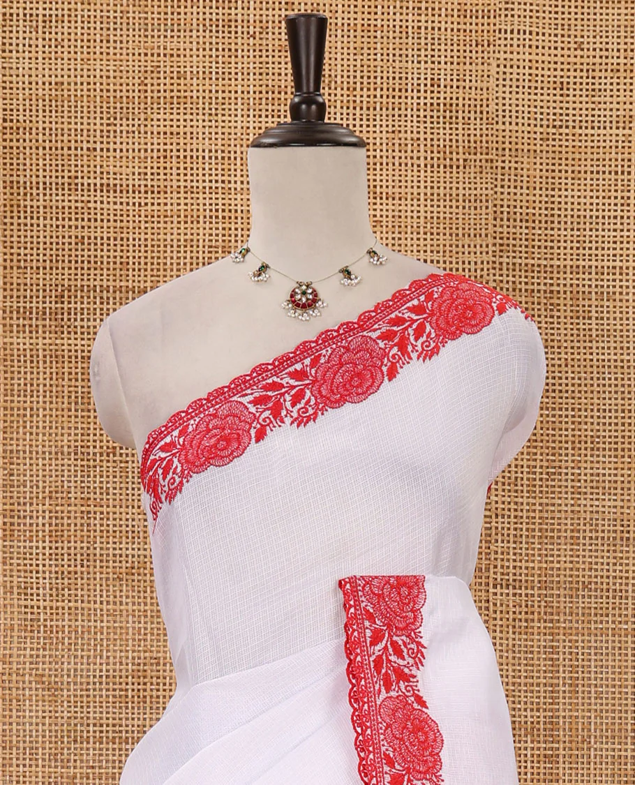 White plain kota checks saree, red rose thread embroidered scallop border & self-pallu & matching floral thread embroidered blouse - Image 3