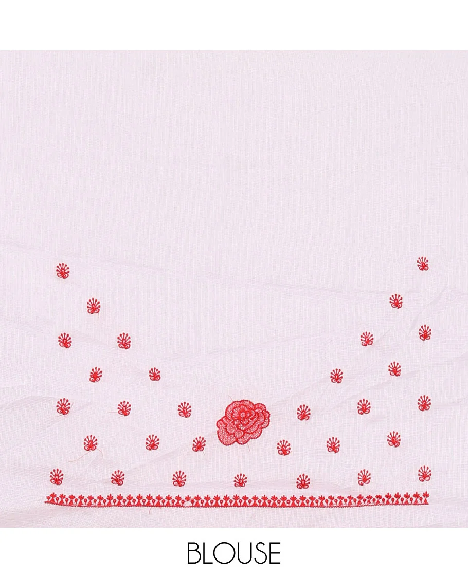 White plain kota checks saree, red rose thread embroidered scallop border & self-pallu & matching floral thread embroidered blouse - Image 4