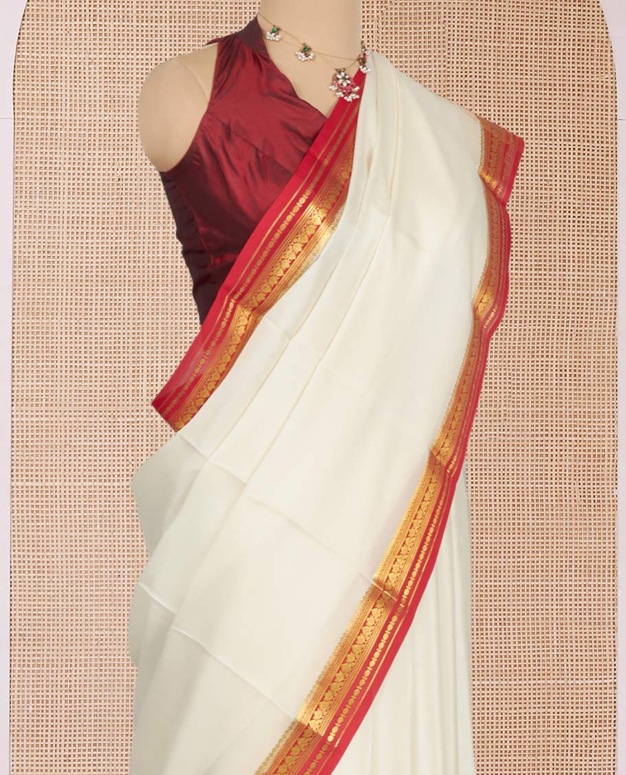 White Plain Mysore Silk Saree, Complemented by a Contrast Traditional Zari Design Border, Zari Striped Pallu, and Paired with a Contrast Blouse - Image 2