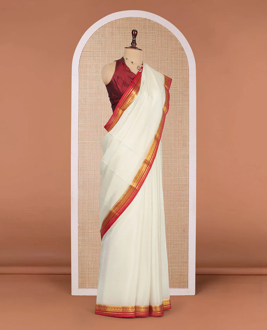 White Plain Mysore Silk Saree, Complemented by a Contrast Traditional Zari Design Border, Zari Striped Pallu, and Paired with a Contrast Blouse - Image 3