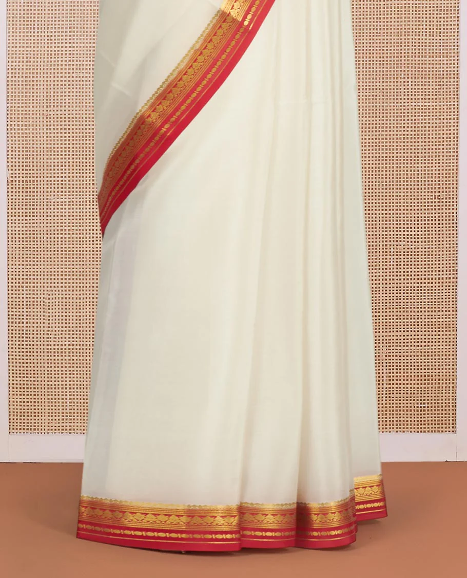 White Plain Mysore Silk Saree, Complemented by a Contrast Traditional Zari Design Border, Zari Striped Pallu, and Paired with a Contrast Blouse - Image 4