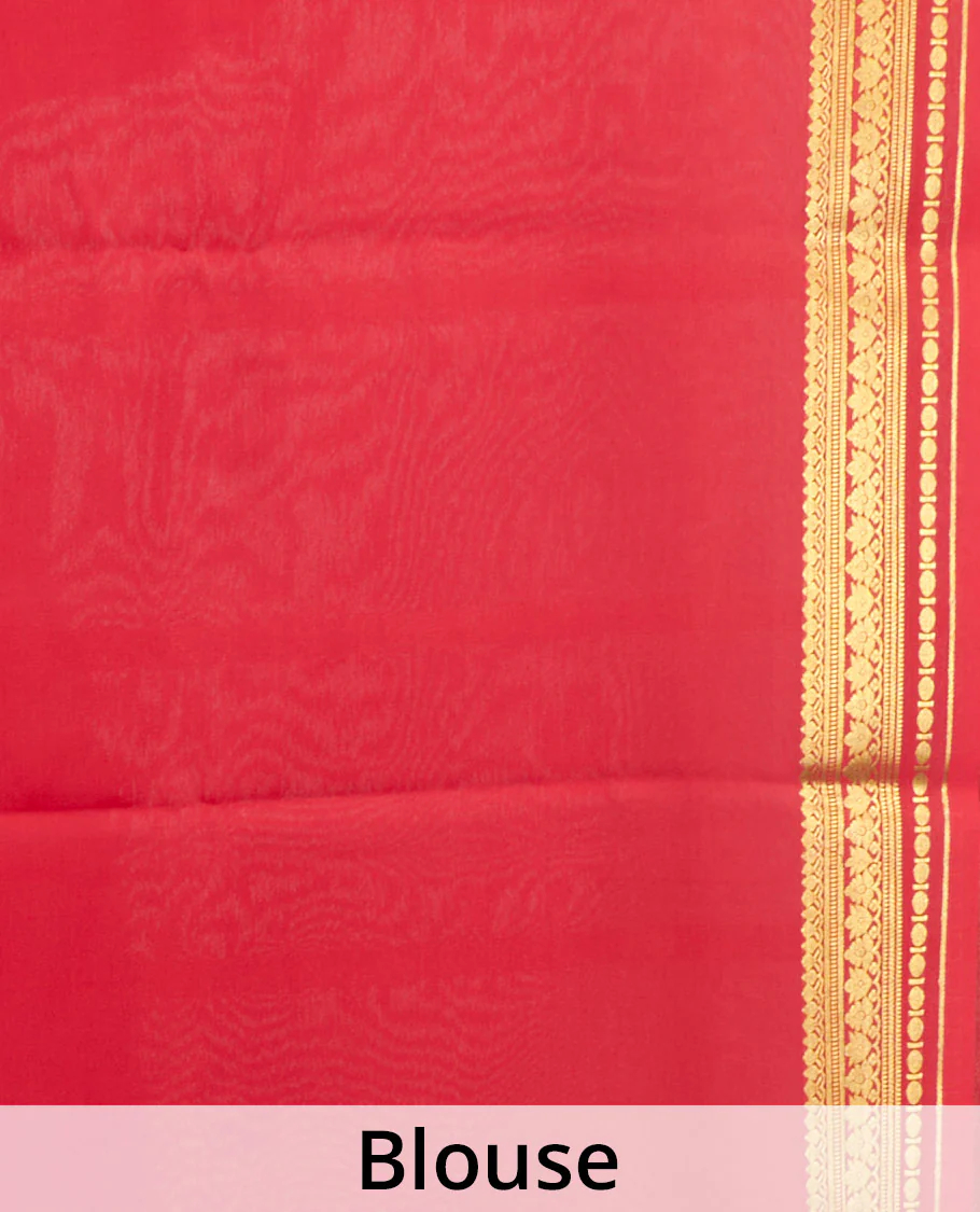 White Plain Mysore Silk Saree, Complemented by a Contrast Traditional Zari Design Border, Zari Striped Pallu, and Paired with a Contrast Blouse - Image 5