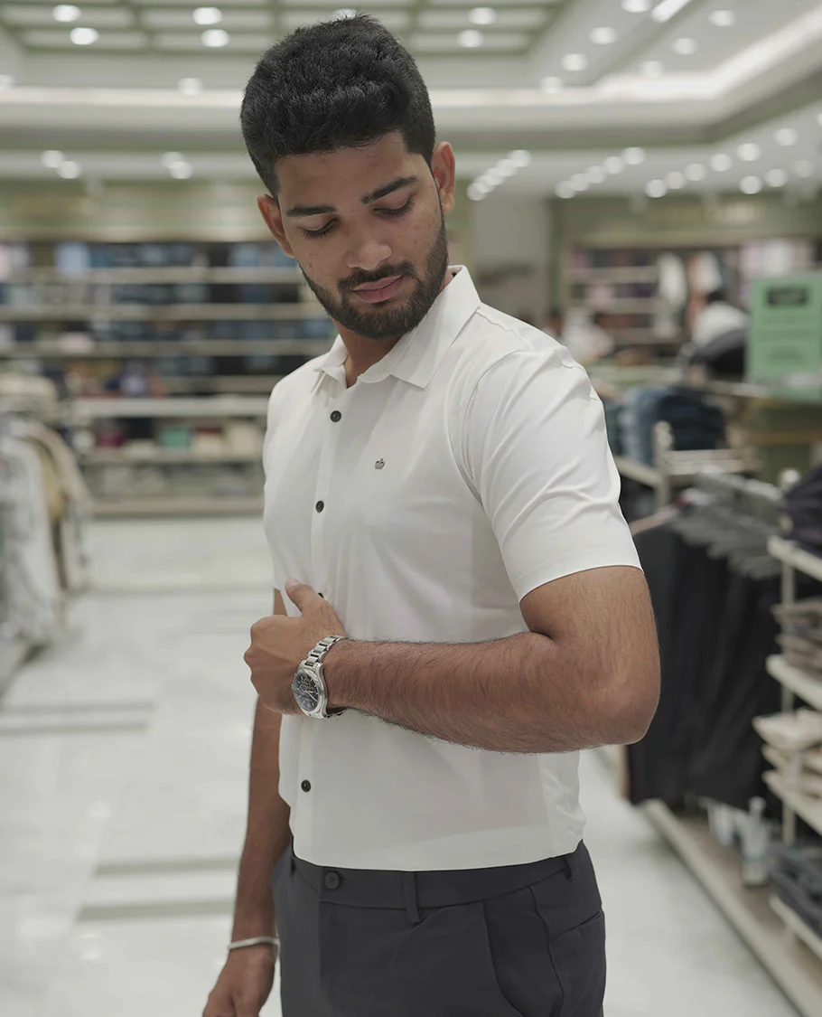 Cream Plain Poly Lycra Blended Casual Shirt, Comes with a Spread Collar, Stitchless Half-Sleeves, Slim Fit, and Regular Length - Image 3