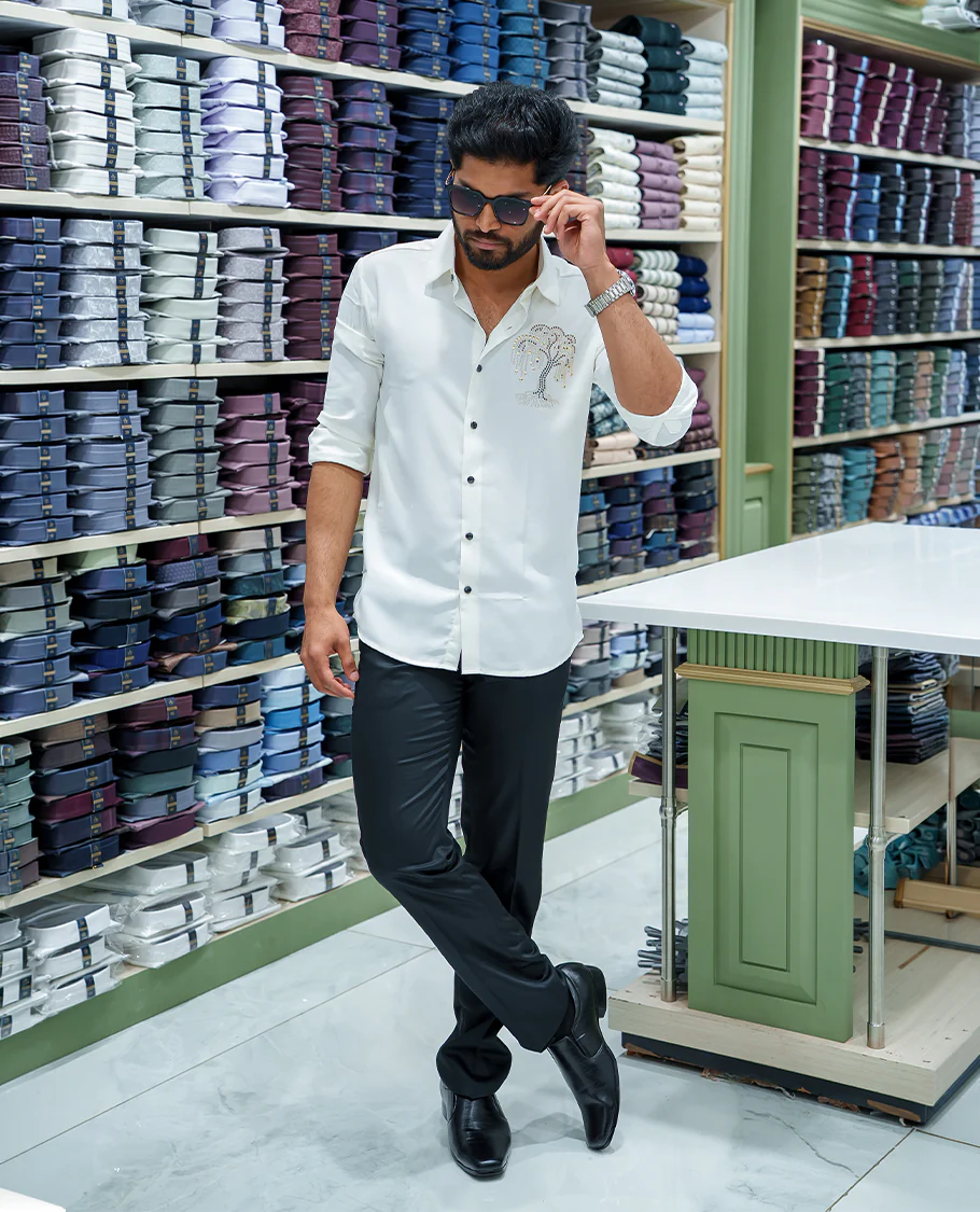 White Poly Blended Party Wear Shirt, Decorated with Tree-Motif Embroidery, Featuring a Spread Collar, Full Sleeves, Slim Fit, and Regular Length - Image 2
