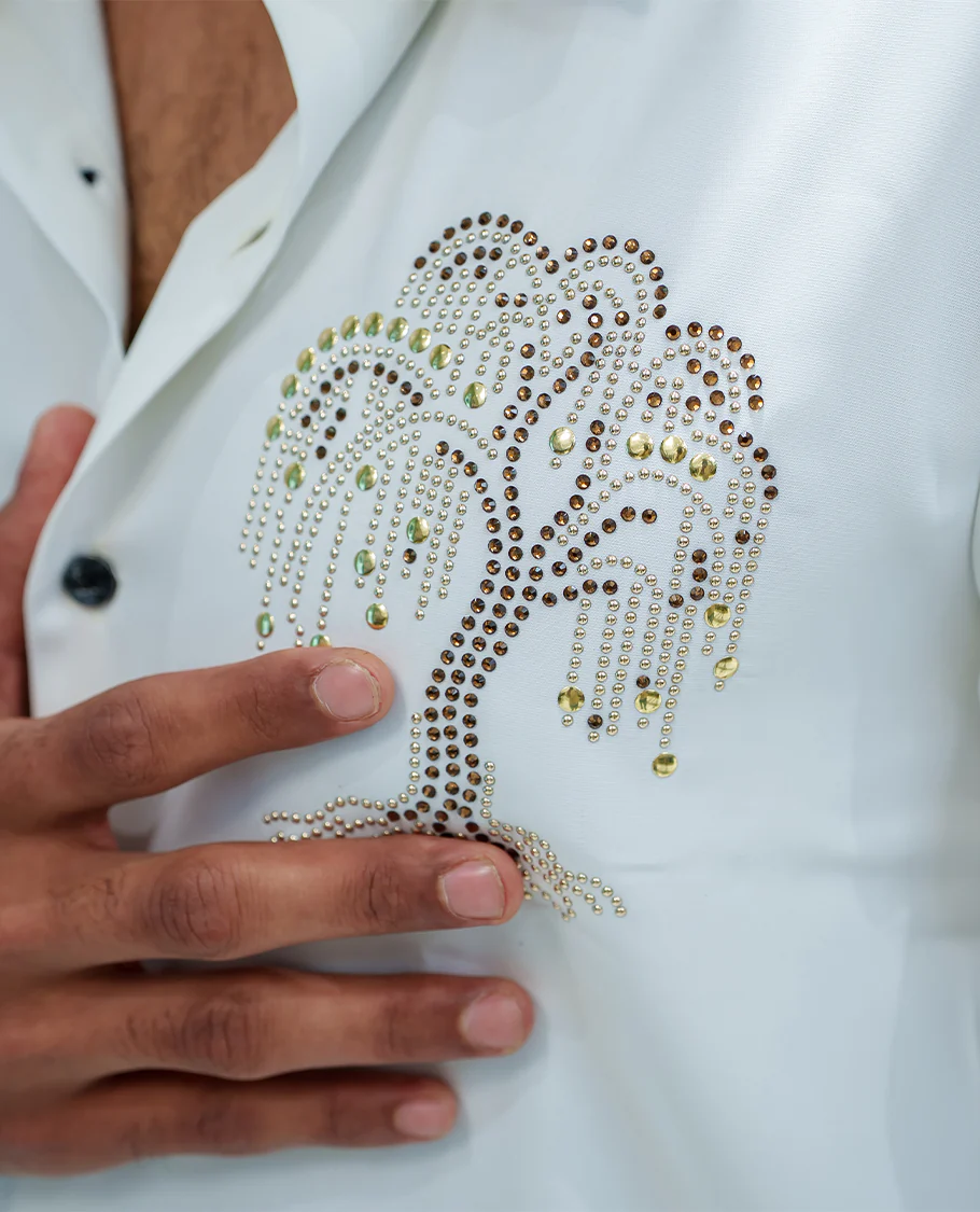 White Poly Blended Party Wear Shirt, Decorated with Tree-Motif Embroidery, Featuring a Spread Collar, Full Sleeves, Slim Fit, and Regular Length - Image 6