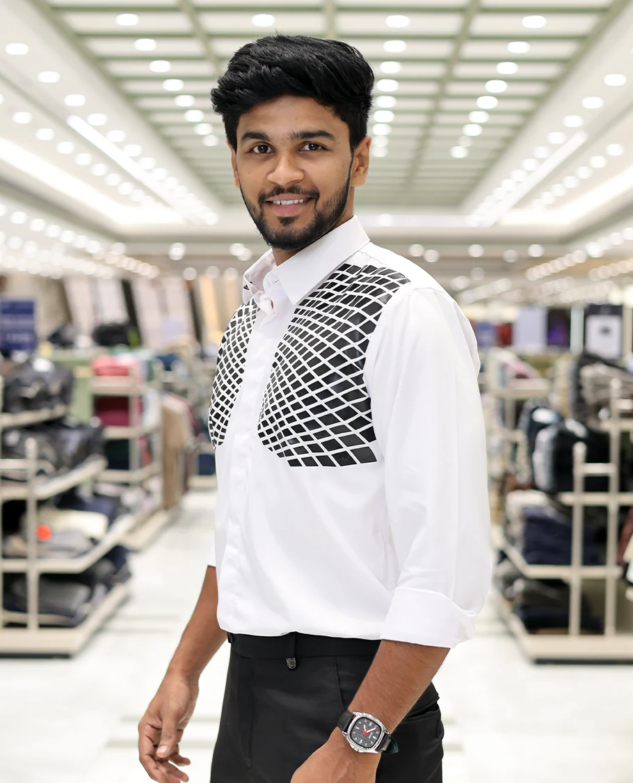 White Poly-Blended Party Wear Shirt, Features Geometric Flock Print, Full Sleeves, Spread Collar, Slim Fit, and Regular Length - Image 2