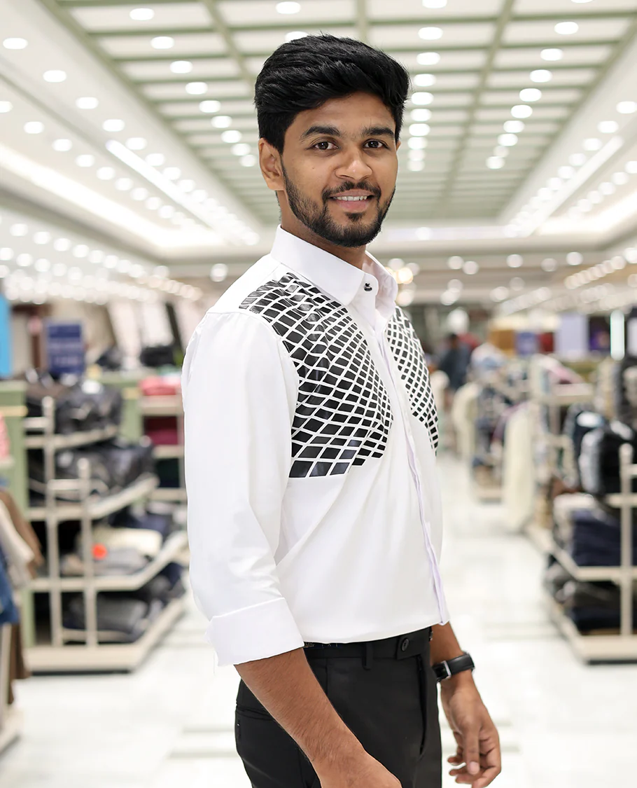 White Poly-Blended Party Wear Shirt, Features Geometric Flock Print, Full Sleeves, Spread Collar, Slim Fit, and Regular Length - Image 3