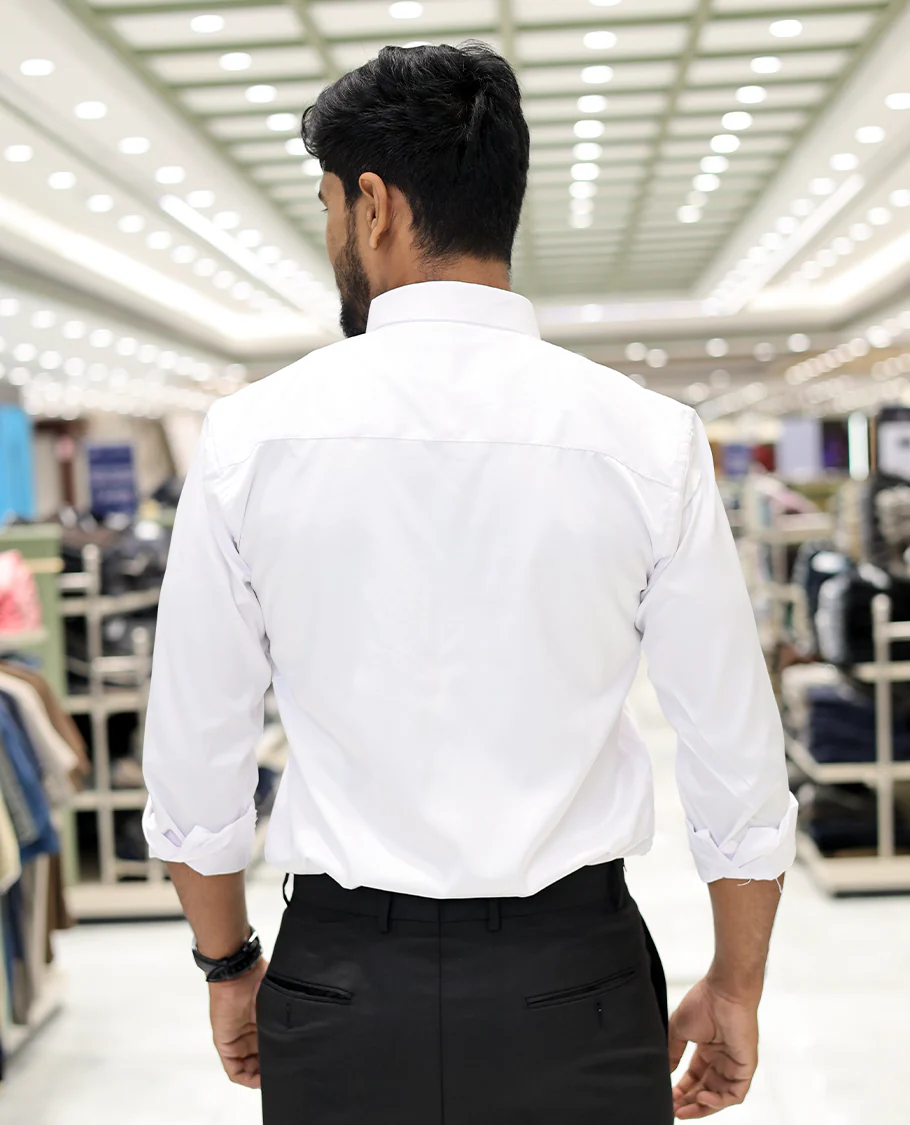 White Poly-Blended Party Wear Shirt, Features Geometric Flock Print, Full Sleeves, Spread Collar, Slim Fit, and Regular Length - Image 4