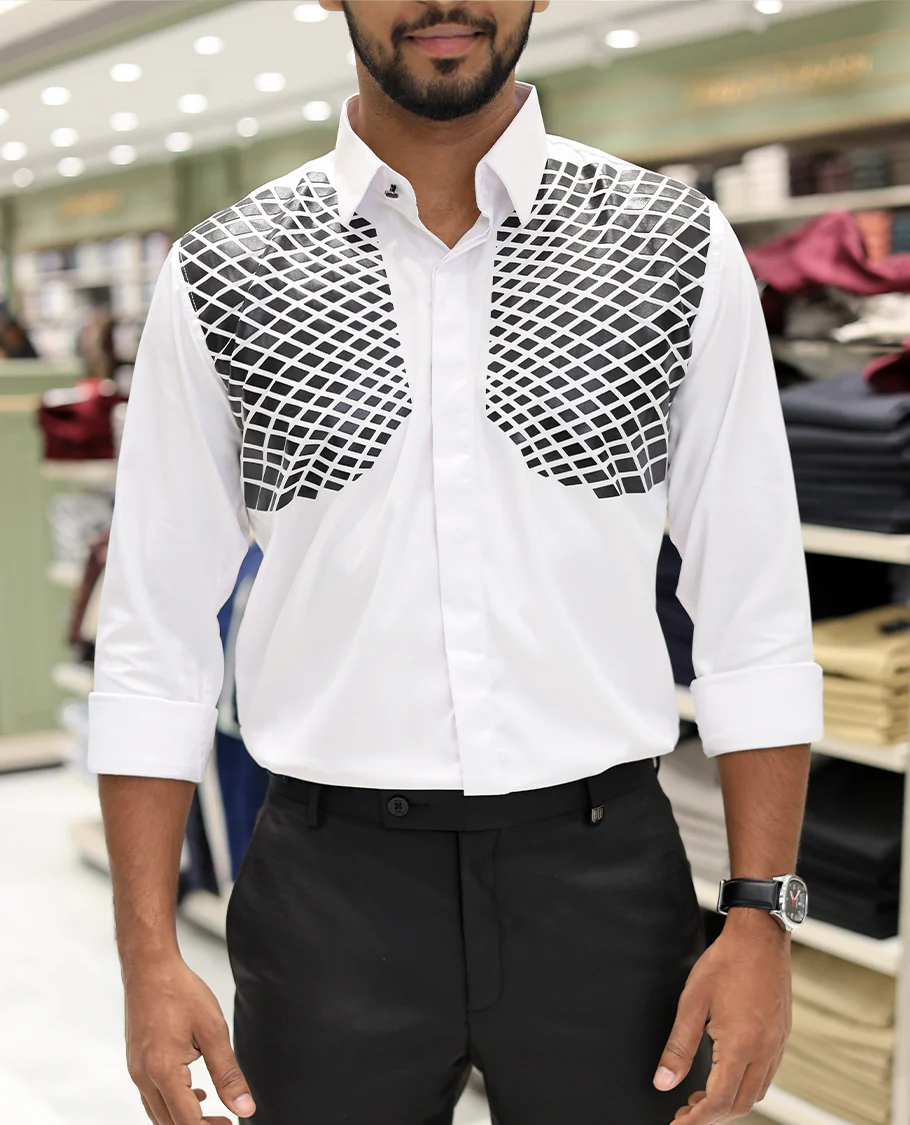 White Poly-Blended Party Wear Shirt, Features Geometric Flock Print, Full Sleeves, Spread Collar, Slim Fit, and Regular Length - Image 5