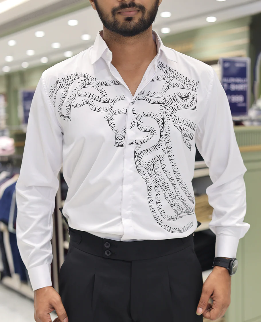 White Poly-Blended Party Wear Shirt, Features Vines-Themed Stone Work, Full Sleeves, a Spread Collar, Slim Fit, and Regular Length - Image 5