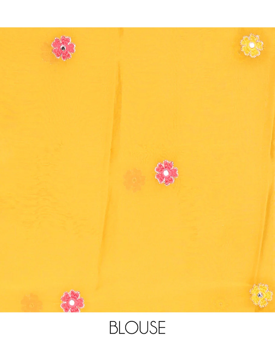 White Rangoli Chiffon Saree, Artfully Embroidered with Floral Motifs in Thread and Stone Work On Its Body, Subtly Sparkled with Lace Border, a Self-Pallu, and Paired with a Contrast Floral Embroidered Blouse - Image 3