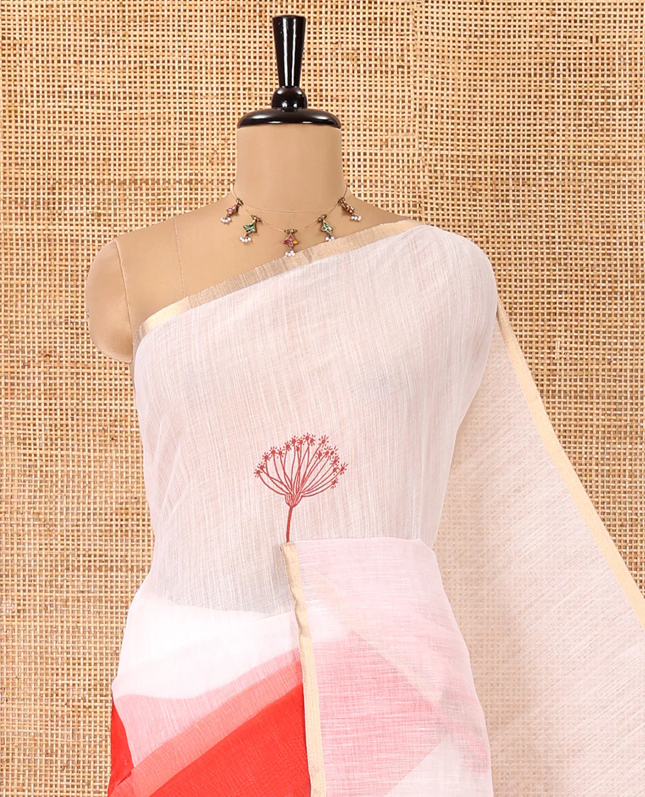 White-Red Linen Cotton Saree Features Floral Print, Ombre-Style Dual-Color, a Piping Border, and a Contrast Blouse - Image 2