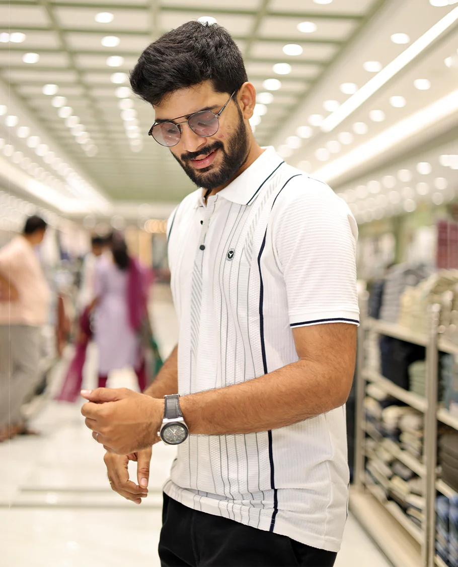 White Striped Cotton-Blended T-Shirt Comes with Half-Sleeves, a Polo Neck, a Slim Fit, and Regular Length - Image 2