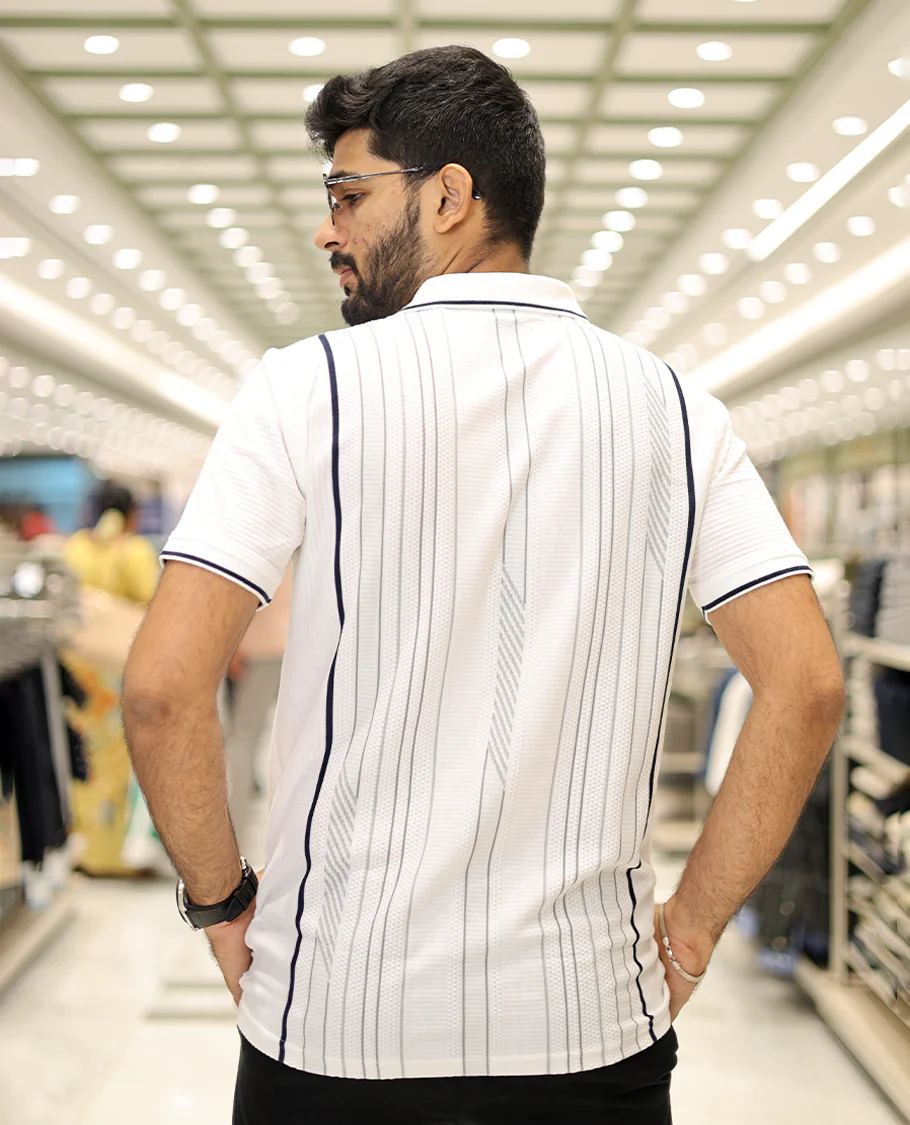 White Striped Cotton-Blended T-Shirt Comes with Half-Sleeves, a Polo Neck, a Slim Fit, and Regular Length - Image 5