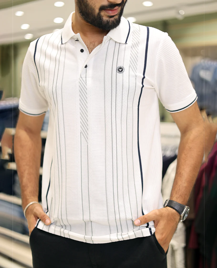 White Striped Cotton-Blended T-Shirt Comes with Half-Sleeves, a Polo Neck, a Slim Fit, and Regular Length - Image 6