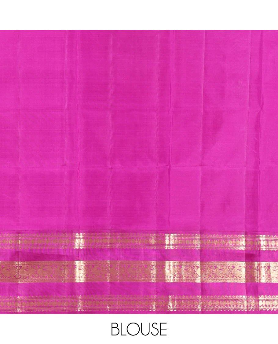 White Vasundhara Silk Saree Elegantly Embellished with Zari Buttas, Complemented by a Varisai Pettu Border Featuring Rekku, Muthu, Banaras, Rudraksham, and Mayil Designs, Majestically Woven with a Zari-Designed Pallu, and Paired with a Contrast Blouse - Image 7