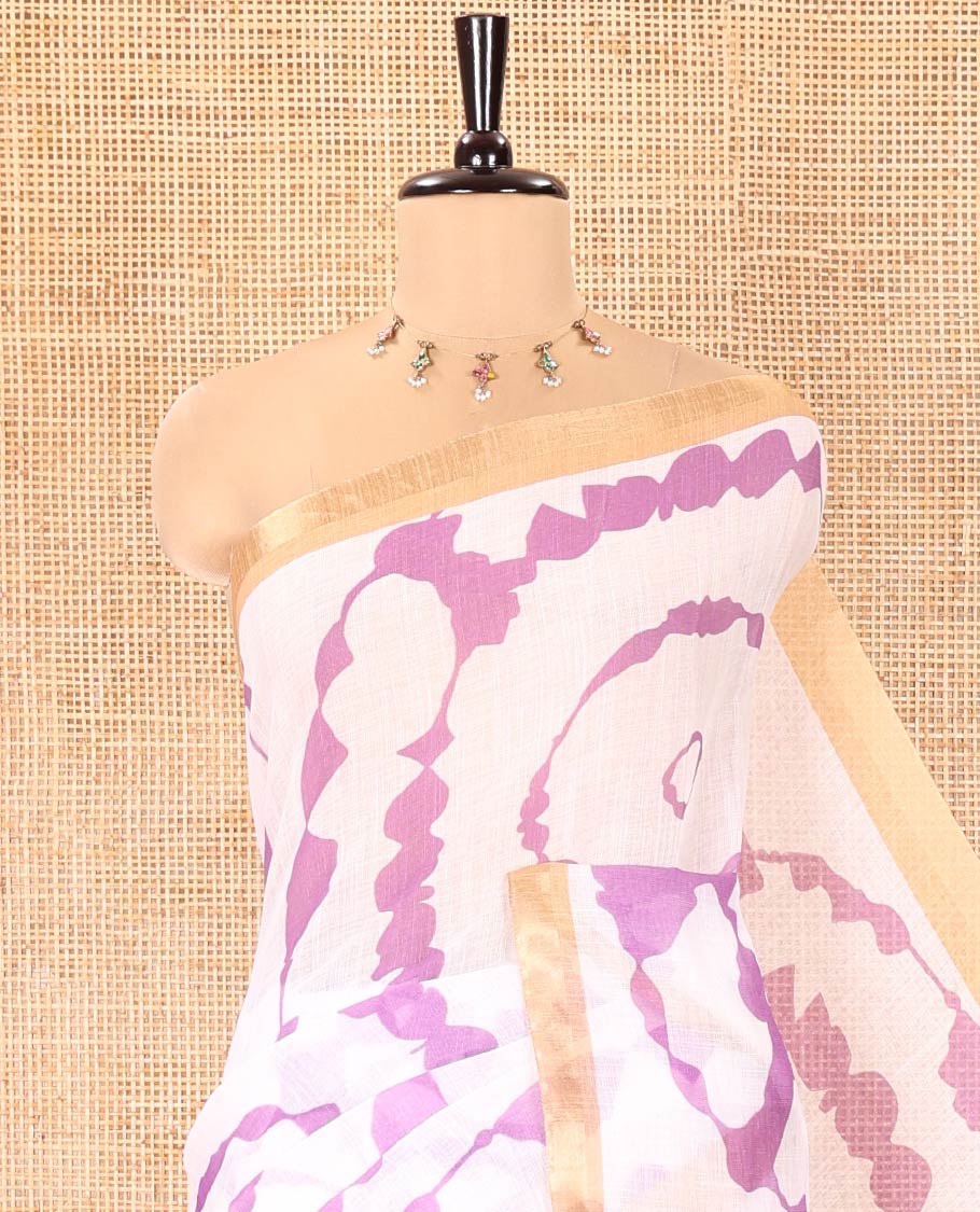 White-Violet Linen Cotton Saree, Bedecked with Shibori-Printed Body, Highlighted by Piping Border, Floral Printed Pallu, and a Contrast Blouse - Image 2