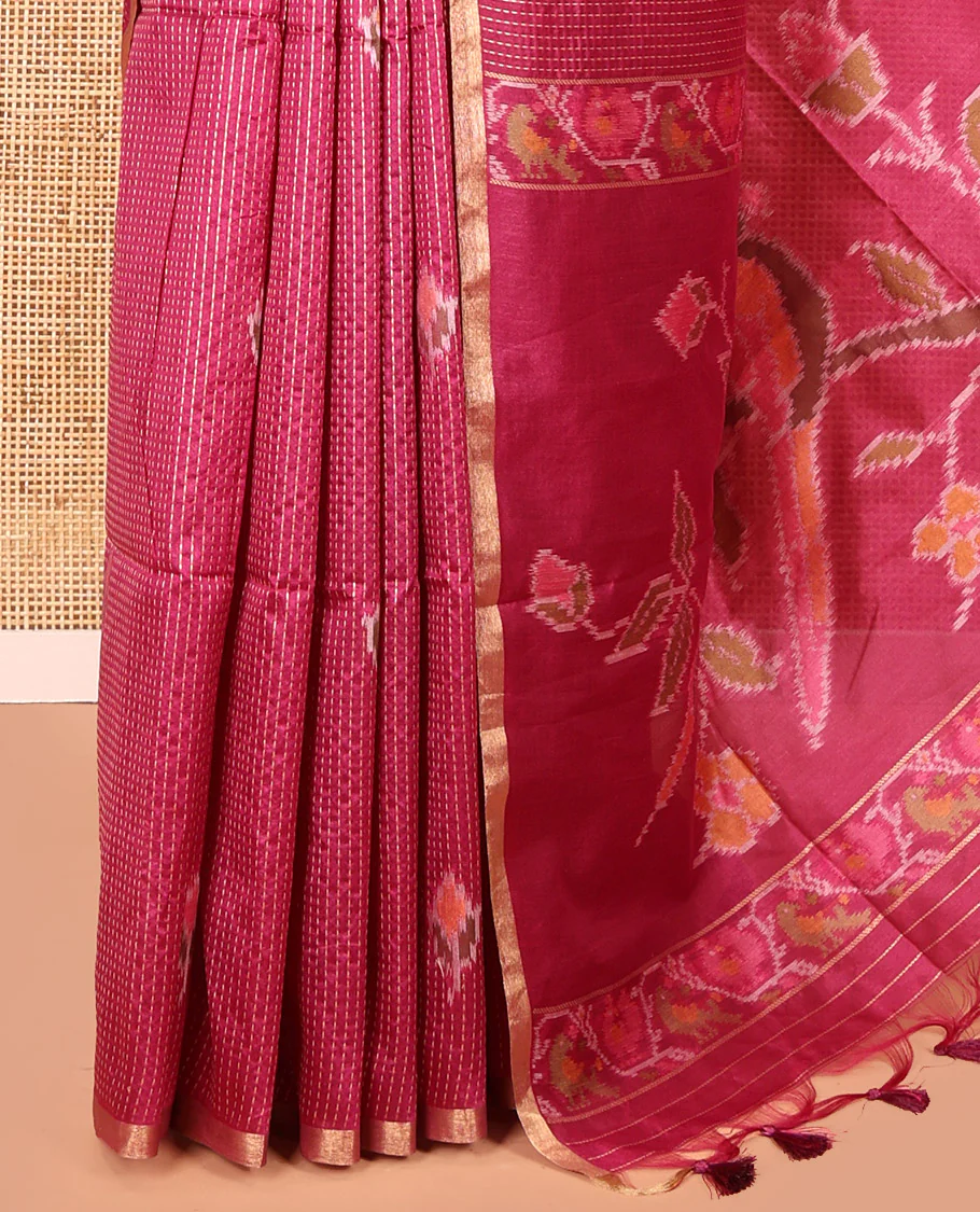 Wine Art Tussar Saree, Decked up with Dotted-Kantha-Style Stripes and Ikkat Buttas on Its Body, a Subtle Piping Border, Pallu of Ikkat Floral and Macaw Parrot Designs, and Paired with a Matching Blouse - Image 3