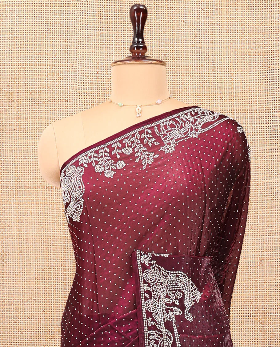 Wine Designer Saree, Scintillated with Stone Struck All Over Its Body, Highlighted by Intricate Stone Work Border, and Paired with a Matching Blouse - Image 2