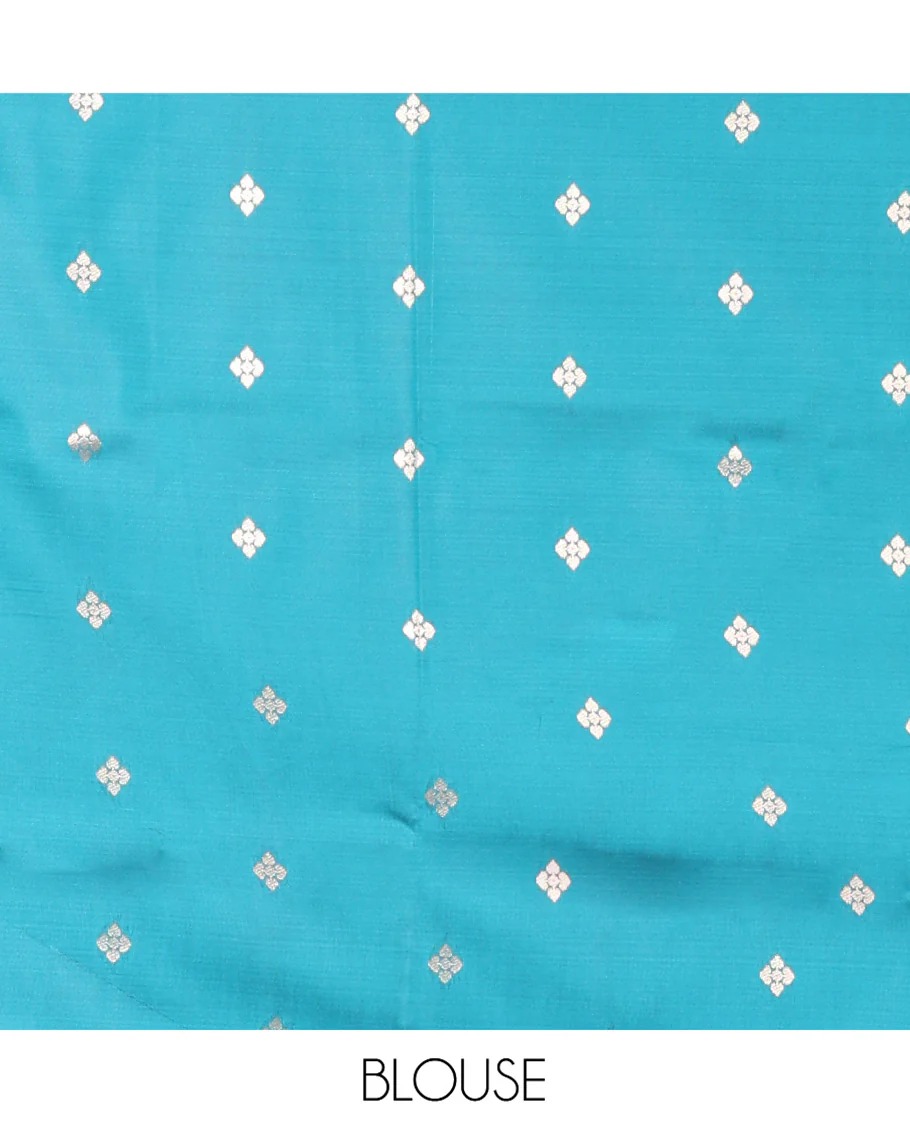 Wine Elite Soft Silk Saree, Elevated with Zari Buttas All Over Its Body, Complemented by Contrast Border Steeped with Geometric Patterns, Grand Pallu, and Paired with a Contrast Blouse - Image 4