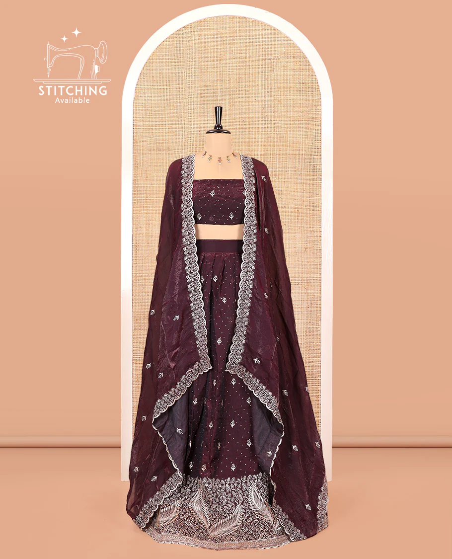 Wine Fendi Organza Half-Saree, with Embroidered Buttas on Its Skirt, Embroidered Border with a Matching Blouse, and an Embroidered Organza Scallop Dhavani - Image 2