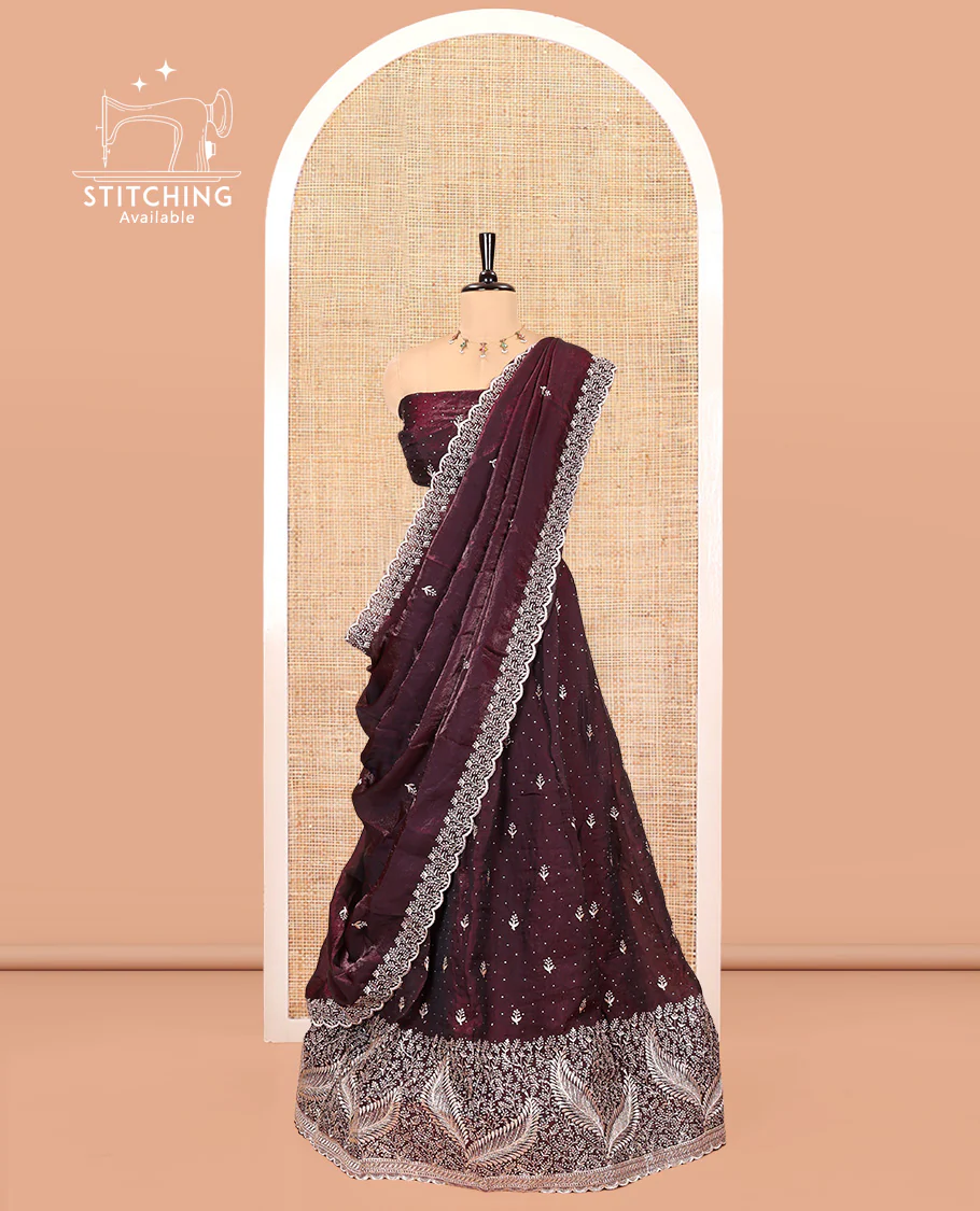 Wine Fendi Organza Half-Saree, with Embroidered Buttas on Its Skirt, Embroidered Border with a Matching Blouse, and an Embroidered Organza Scallop Dhavani - Image 3