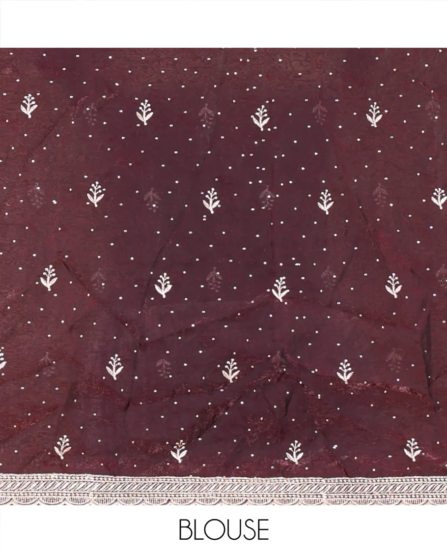 Wine Fendi Organza Half-Saree, with Embroidered Buttas on Its Skirt, Embroidered Border with a Matching Blouse, and an Embroidered Organza Scallop Dhavani - Image 4