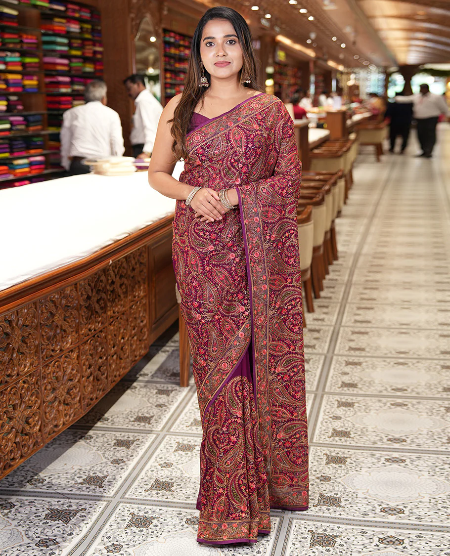 Wine Georgette Saree, Accentuated with Intricate Paisleys, Kashmir Embroidered and Stone Work on Its Body, a Self-Embroidered Border, and Paired with an Embroidered Blouse
